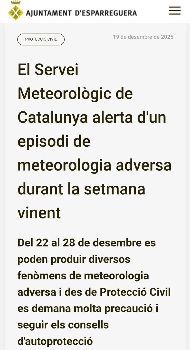 El Servei Meteorològic de Catalunya alerta d'un episodi de meteorologia adversa durant la setmana vinent. esparreguera.cat/avisos/el-serv…