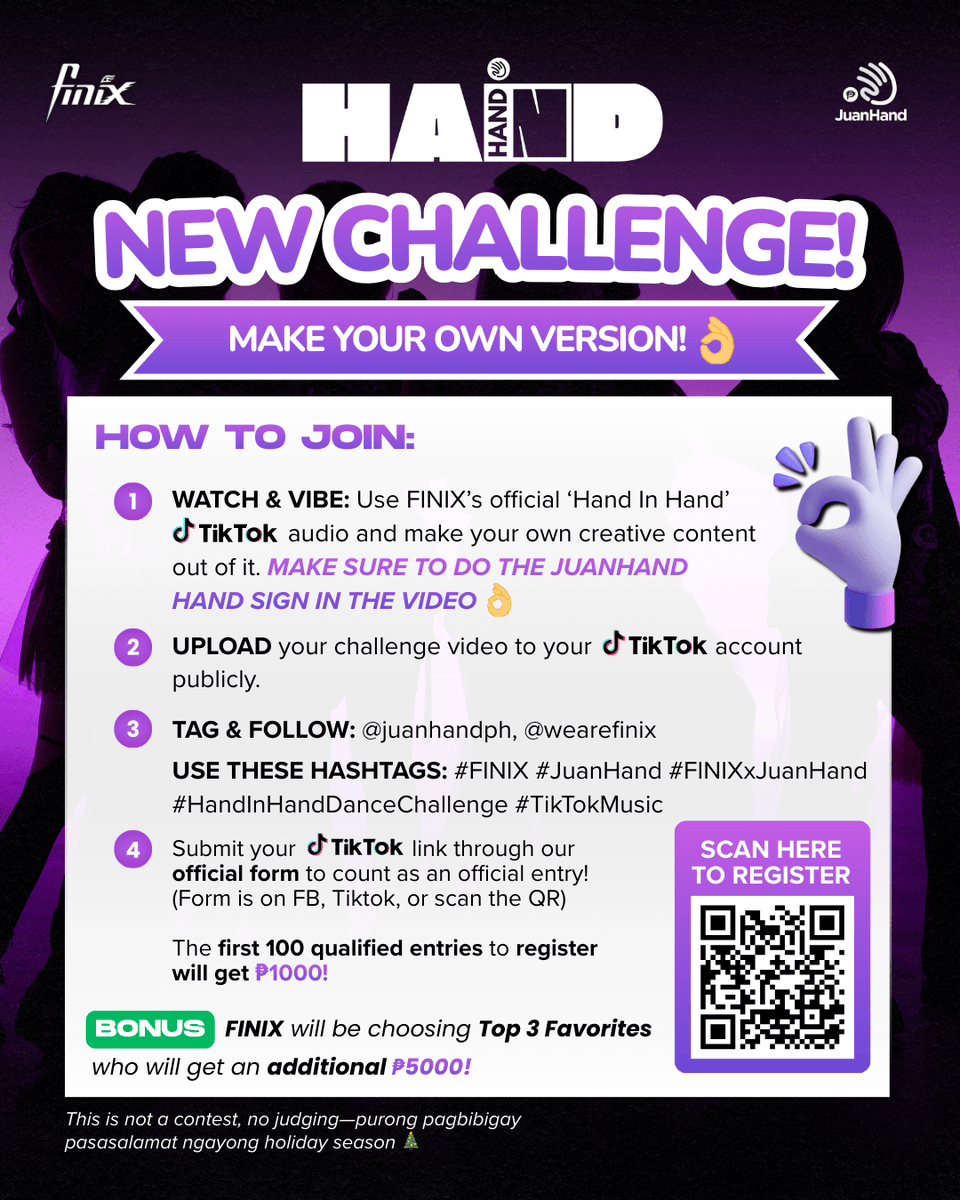 wearefinix's tweet photo. MORE libreng pamasko?
Inihahandog namin sa inyo ang bagong 'Hand In Hand' challenge na MAKE YOUR OWN VERSION for MORE guaranteed libreng pamasko!
This challenge is open until December 30, 2025.
#FINIX #JuanHand #HandInHandDanceChallenge https://t.co/kw2m8AGgqS