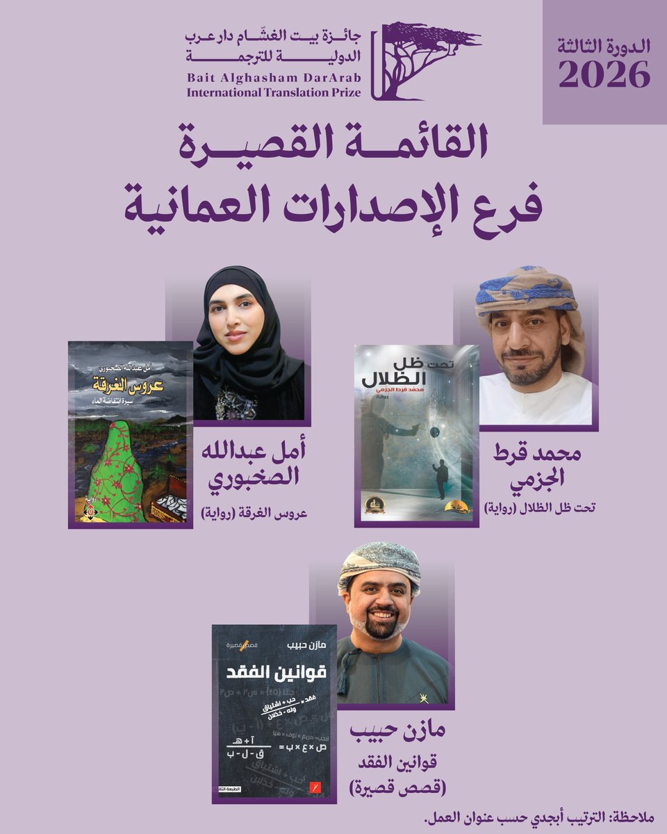 القوائم القصيرة للدورة الثالثة من جائزة بيت الغشام دار عرب الدولية للترجمة ٢٠٢٦   جرى اختيار القوائم القصيرة من قبل لجان تحكيم مستقلة، بإشراف مجلس أمناء الجائزة الذي يضم كلًا من مارلين بوث (رئيسة)، ومحمد اليحيائي، وسواد حسين. وتكوّنت لجنة تحكيم فرع المترجمين من سماهر الضامن،