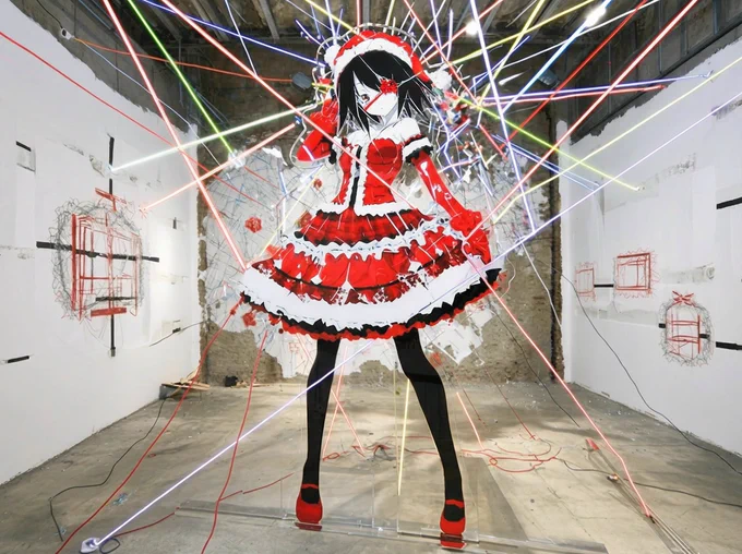 レーザービームとアクリルパネルの少女