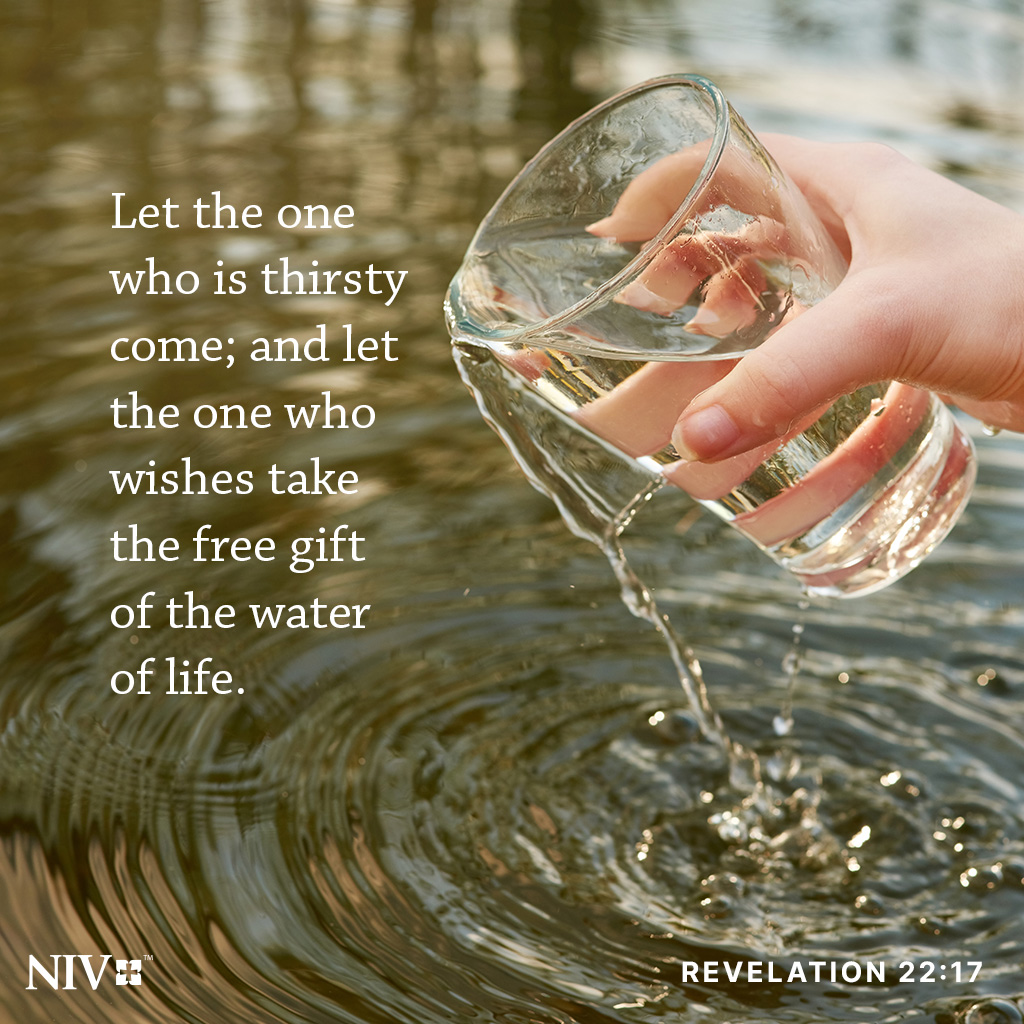 Let the one who is thirsty come; and let the one who wishes take the free gift of the water of life. Revelation 22:17 #niv #nivbible #votd #verseoftheday
