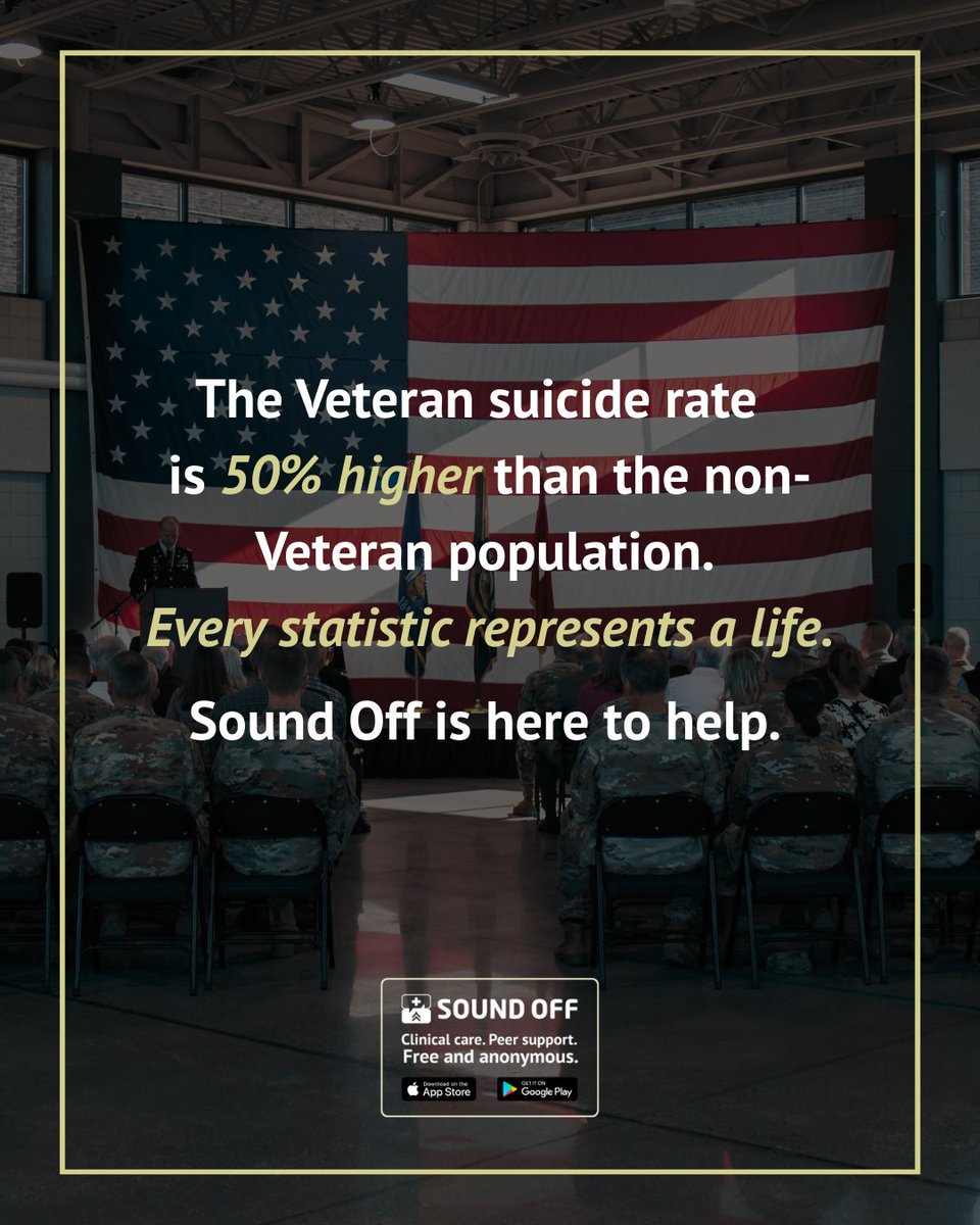 The suicide rate among Veterans is 50% higher than that of the non-Veteran adult population.

Learn more: sound-off.com

#SoundOff #Veterans #ServiceMembers