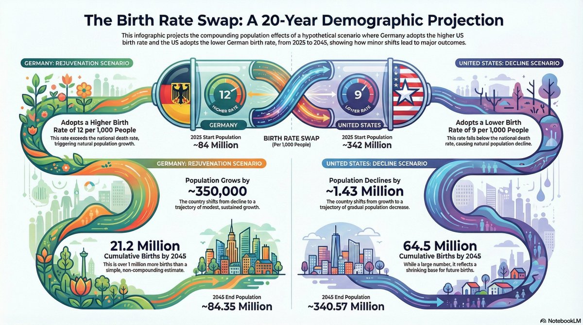 illyism's tweet image. What happens if Germany and the US swap birth rates for 20 years?

🇩🇪 Germany:
- At 12 per 1,000: ~20.16M
- At 9 per 1,000: ~15.12M
- Difference: +5.04M over 20 years

🇺🇸 US:
- At 9 per 1,000: ~61.56M
- At 12 per 1,000: ~82.08M
- Difference: -20.52M over 20 years