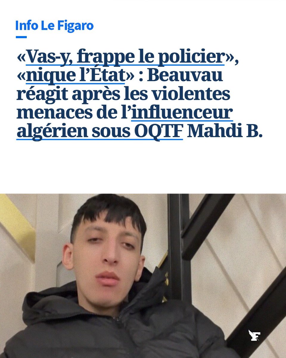Le_Figaro's tweet image. INFO LE FIGARO - Sous OQTF, Mahdi B., suivi par 1,4 million de personnes, avait écopé de huit mois de prison pour apologie du terrorisme en janvier. Le ministère de l’Intérieur indique qu’il va procéder à un signalement sur la plateforme Pharos. →l.lefigaro.fr/XiUo