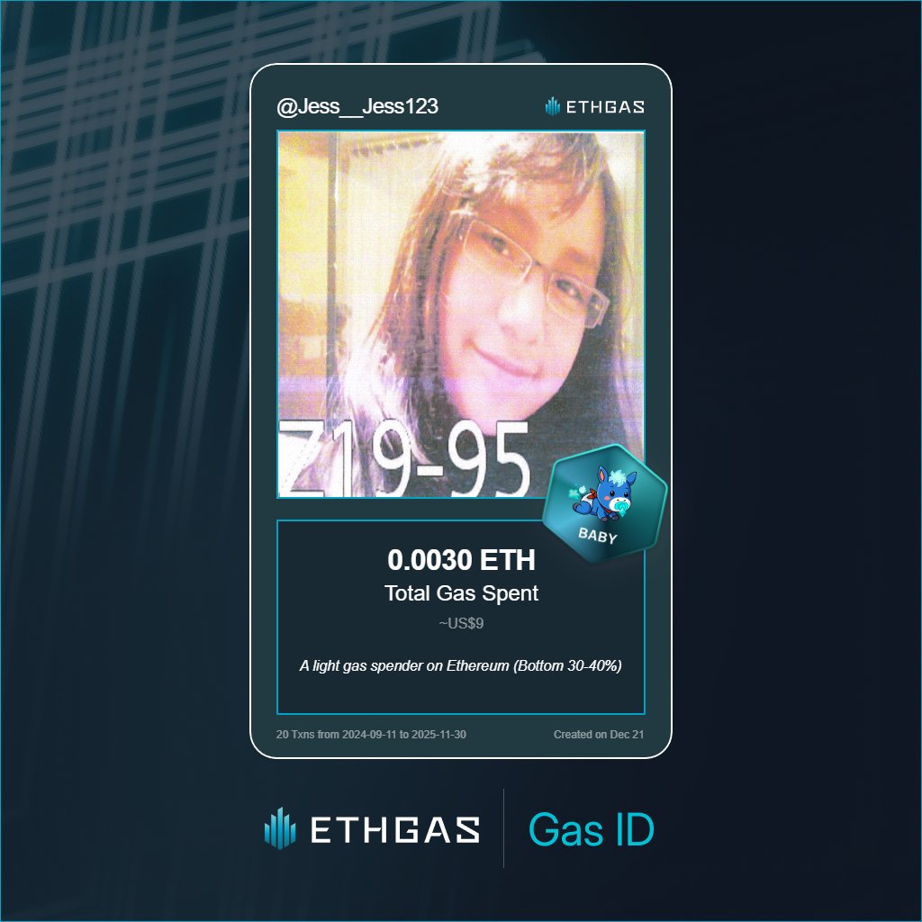 Jess__Jess123's tweet photo. Just unlocked my Gas ID via ETHGas 🪪

I'm a Baby Jack with 0.003 ETH spent on gas since Beacon Chain - now fueling my climb to the Gasless Future and earned 1 Beans already. 

Reveal yours at https://t.co/peO8iNmioZ https://t.co/0XxLcS7L9h