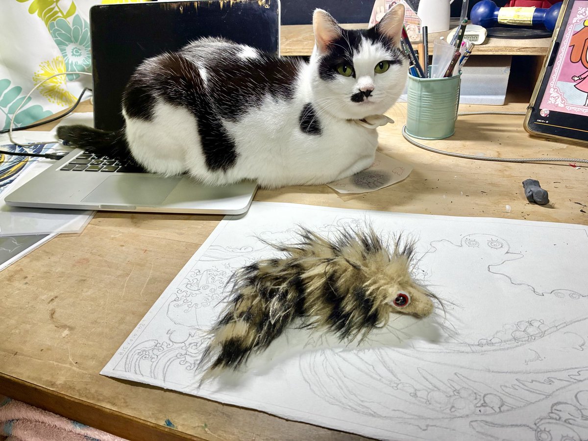 今日はオモチャ咥えて机に飛び乗ってきたwびっくりしたw
目の前にポトっと落としてPCの上でくつろいでる…
うん…
ありがとう。
描きます。
#絵描きと猫　#猫　#cat