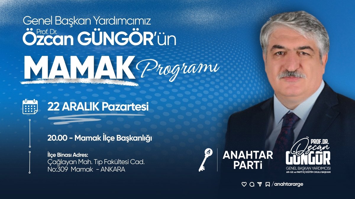 Genel Başkan Yardımcımız,
AR-GE ve Parti İçi Eğitim Okulu Başkanımız
Prof. Dr. Özcan Güngör, Mamak’ta teşkilat mensuplarımızla bir araya geliyor.

Bu program kapsamında; Mamak İlçe Başkanımız Cihan Cebeci’ye hayırlı olsun ziyareti gerçekleştirilecek, teşkilat çalışmalarımız,