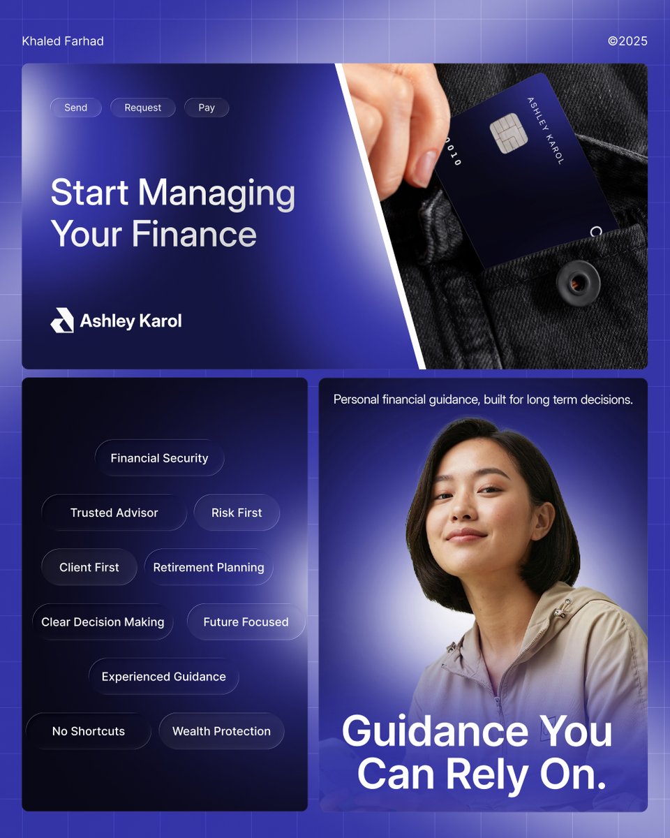 thekhaledfarhad's tweet photo. Finance brands aren’t built to impress.
They’re built to reassure.

That’s not an opinion.
That’s a requirement.

When we work with financial professionals, 
we start with one rule:
you’re being trusted with people’s futures.

Retirement plans.
Family security.
Years of disciplined effort.

A brand in finance doesn’t get the luxury of experimentation.
It has a responsibility to feel right
before it looks interesting.

That’s how my team and I approach every finance project.

We don’t chase trends.
We don’t design for reactions.
We don’t confuse bold visuals with credibility.

We build with restraint.

Calm systems.
Clear structure.
Design choices that signal stability, not noise.

Because in finance, confidence isn’t created by being loud.
It’s created by being consistent.

This is the standard we hold ourselves to at Brandsquare, LLC.
And it’s the standard we expect from anyone we work with in finance.

Not brands that try to stand out.
Brands that are built to carry responsibility.