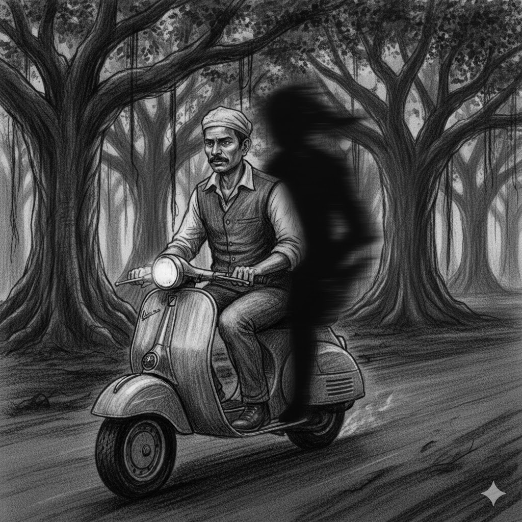 NChakraverti's tweet photo. Smudged : Tales Across Time .                                                TRAVEL BLOGGER Sabbir…...He had heard whispers of an old road haunted by “the backseat passenger”—a figure tied to the ruins of an ancient crematorium built centuries before the town itself....................“The scooter feels… heavier,” his voice trembled into the recorder.The air smelt faintly of smoke—ancient sandalwood, burnt long ago.
And then came the whisper. A single word: “Stop.” Another word “home”.
He could hear his heart pounding as he braked near the old banyan tree by the crematorium. The scooter’s engine died. Slowly, almost mechanically, he turned his head.
Empty.
But his recorder had captured it: a second voice, soft and hollow, saying, ‘Stop,” “Home.”