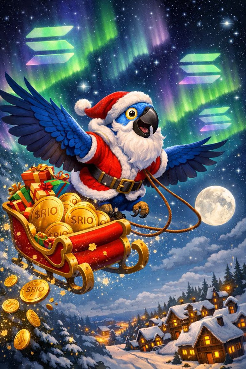 bigibroz's tweet photo. 🎄 My entry for the Santa $RIO Christmas Contest! 🦜🎅

This artwork shows the iconic blue $RIO parrot as Santa, soaring through a magical Christmas night sky over the Solana ecosystem. He's pulling a sleigh loaded with glowing $RIO token gifts, dropping them like snowflakes. https://t.co/JH7idBh7E7
