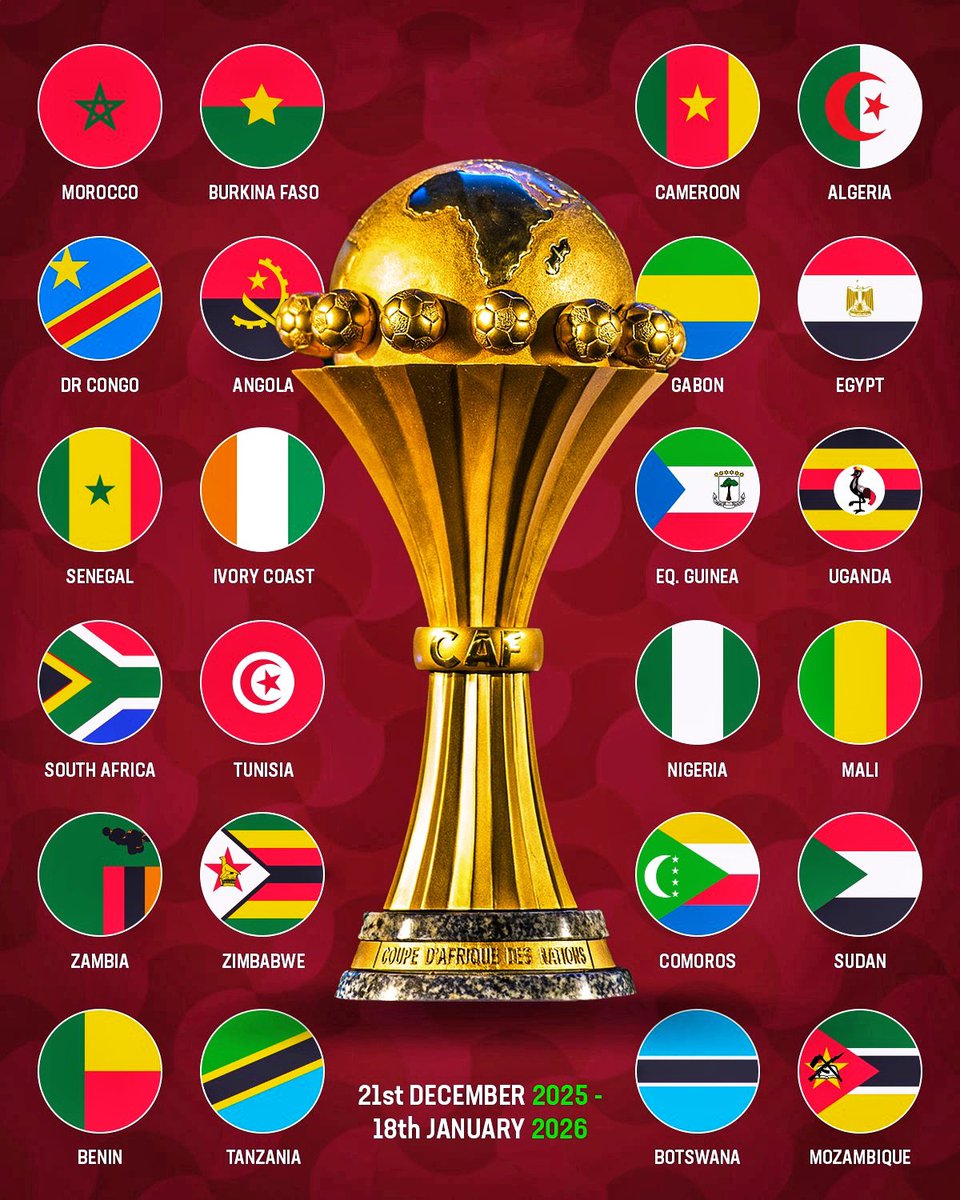 alimo_philip's tweet photo. 🌍⚽️ Africa gathers. History awaits. 
 🏆 From giants to dark horses… every nation believes 

🇲🇦🇲🇱🇿🇲🇰🇲🇪🇬🇿🇦🇦🇴🇿🇼🇳🇬🇹🇳🇺🇬🇹🇿🇸🇳🇨🇩🇧🇯🇧🇼🇩🇿🇧🇫🇬🇶🇸🇩🇨🇮🇨🇲🇬🇦🇲🇿

👑 Only ONE nation will write their name in history 
 👀Only one flag will fly at the end…Who takes it?

#AFCON2025 https://t.co/H3w5dWCwO1