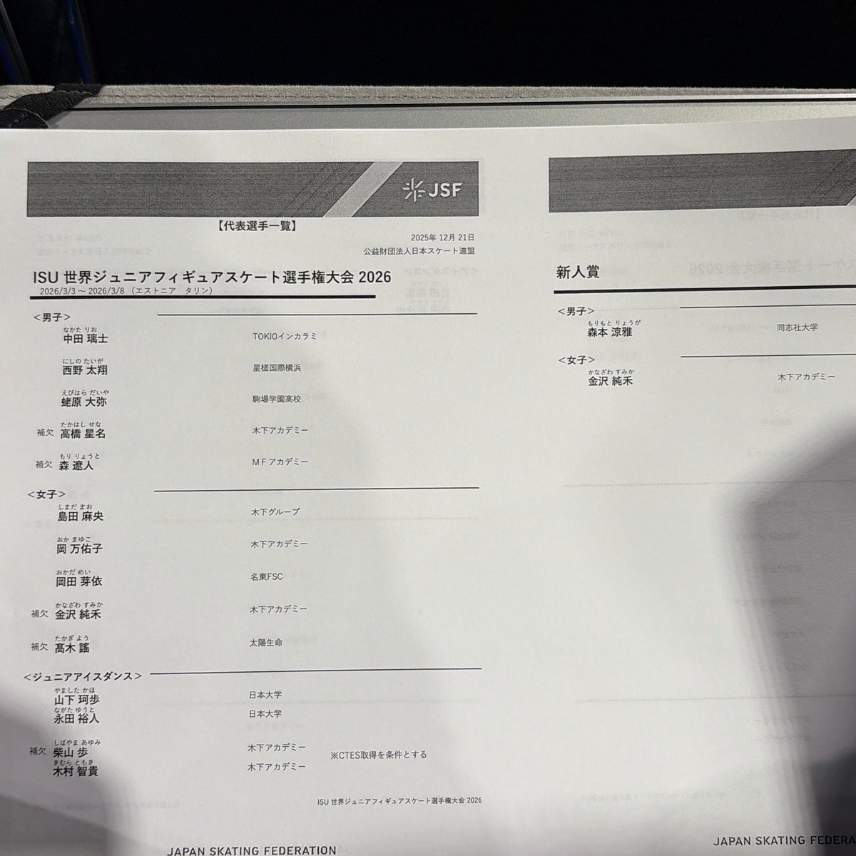 AxelQuadruple's tweet photo. 代表選手が発表されました https://t.co/7Esqi7A490