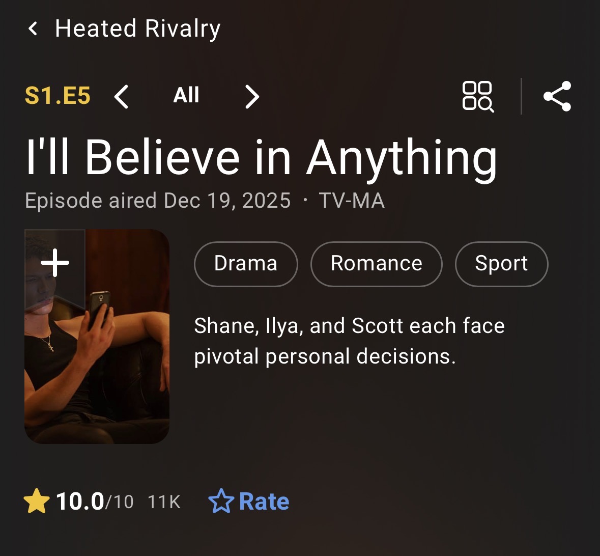 OH MY GOD! I JUST WOKE UP, AND IT’S NOW A 10/10 AND THE SECOND HIGHEST RATED EPISODE OF ALL TIME JUST AFTER BREAKING BAD’S OZYMANDIAS EPISODE????? 😭❤️❤️❤️ WHAT A TIME TO BE ALIVE #heatedrivalry