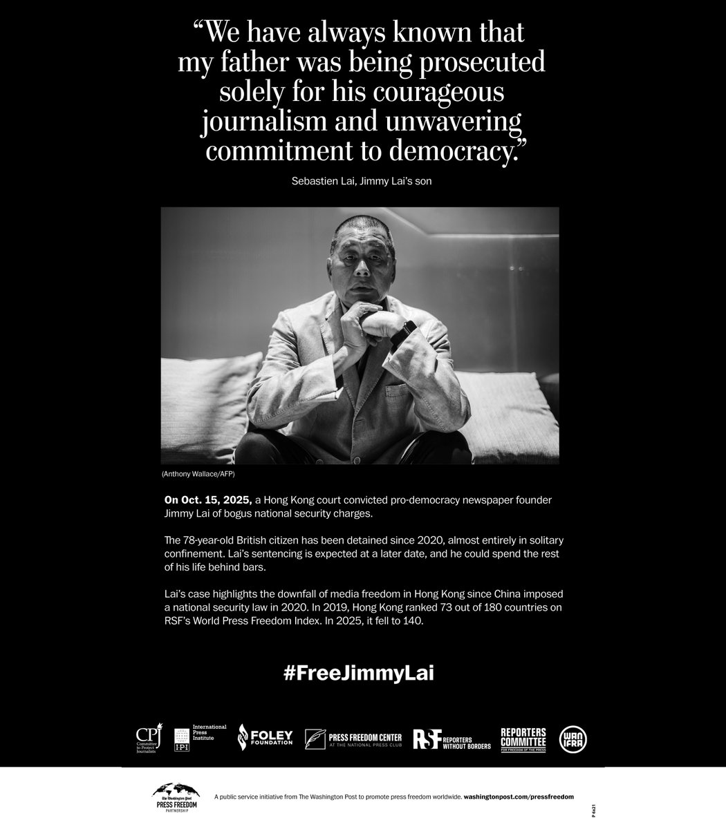 "We have always known that my father was being prosecuted solely for his courageous journalism and unwavering commitment to democracy," Sebastien Lai, Jimmy Lai's son. 

#FreeJimmyLai