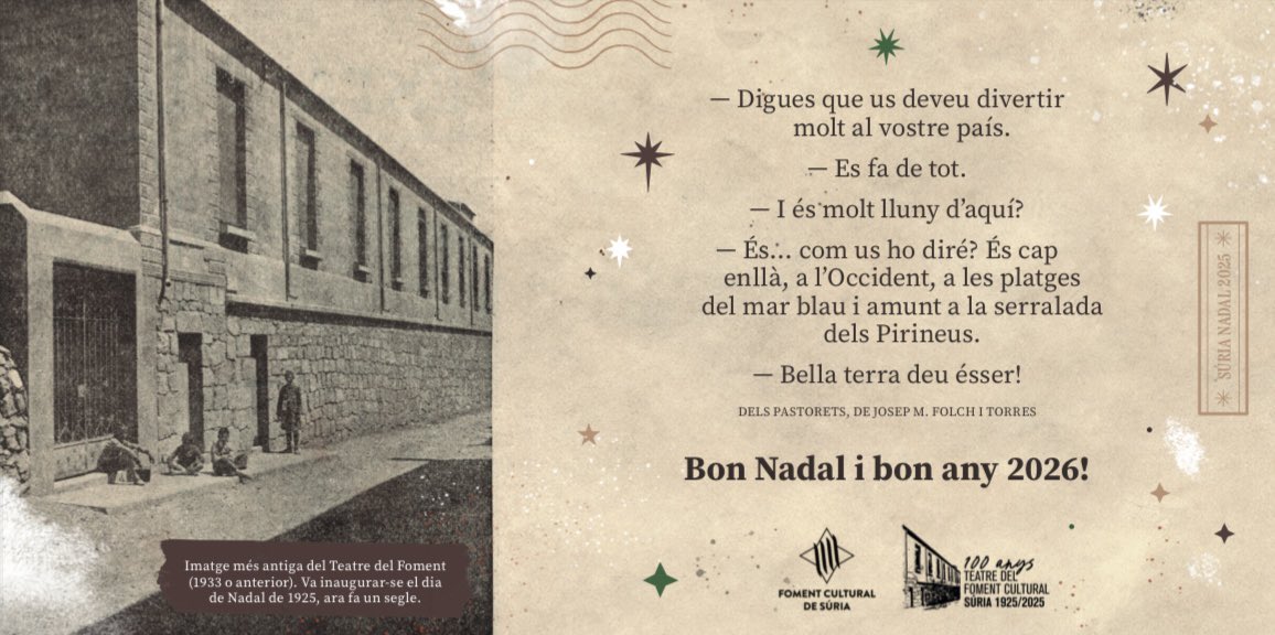 🎉 Estem d’aniversari! Aquest 25 de desembre fa 100 anys justos que va inaugurar-se el Teatre del Foment. A l’acabar la funció del dia de Nadal, ho celebrarem amb torrons i cava brindant tots junts! 

Bones festes! 

🎫 Entrades a entrades.fomentculturalsuria.cat i a Ca l’Agut.