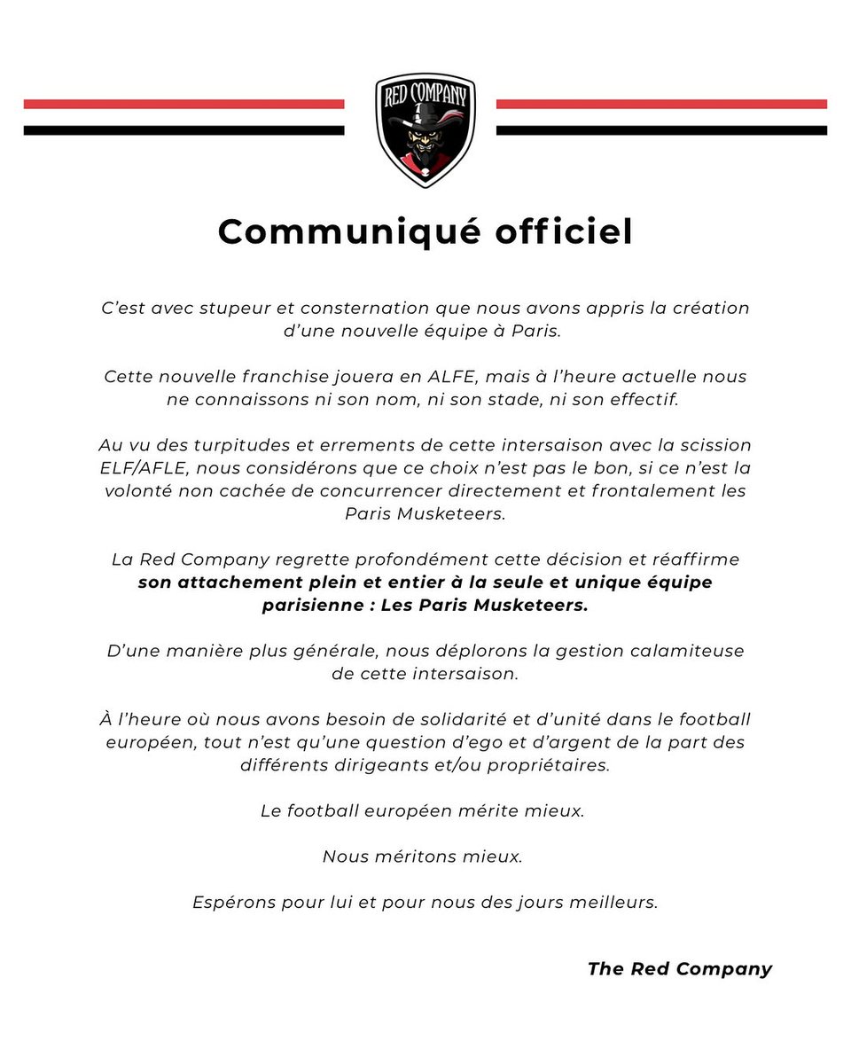 Communiqué de la <a href="/_theredcompany_/">THE RED COMPANY - Official Fan Club 🔴🏈⚜️</a>, le fan club des Paris Musketeers en #ELF, concernant la création d'une nouvelle équipe de football américain professionnel à Paris en AFLE.