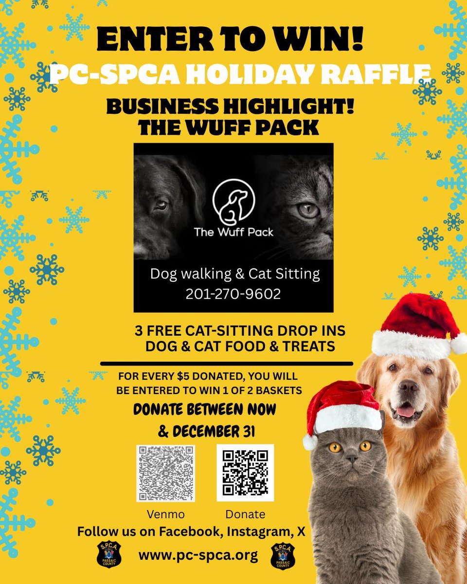 A big thank you to @the_wuff_pack for their generous donation to our holiday raffle! One of our baskets will contain a gift card for 3 cat-sitting visits! The Wuff Pack is located in Hawthorne &amp; specializes in dog walking and cat sitting. Donate between now and December 31st.
