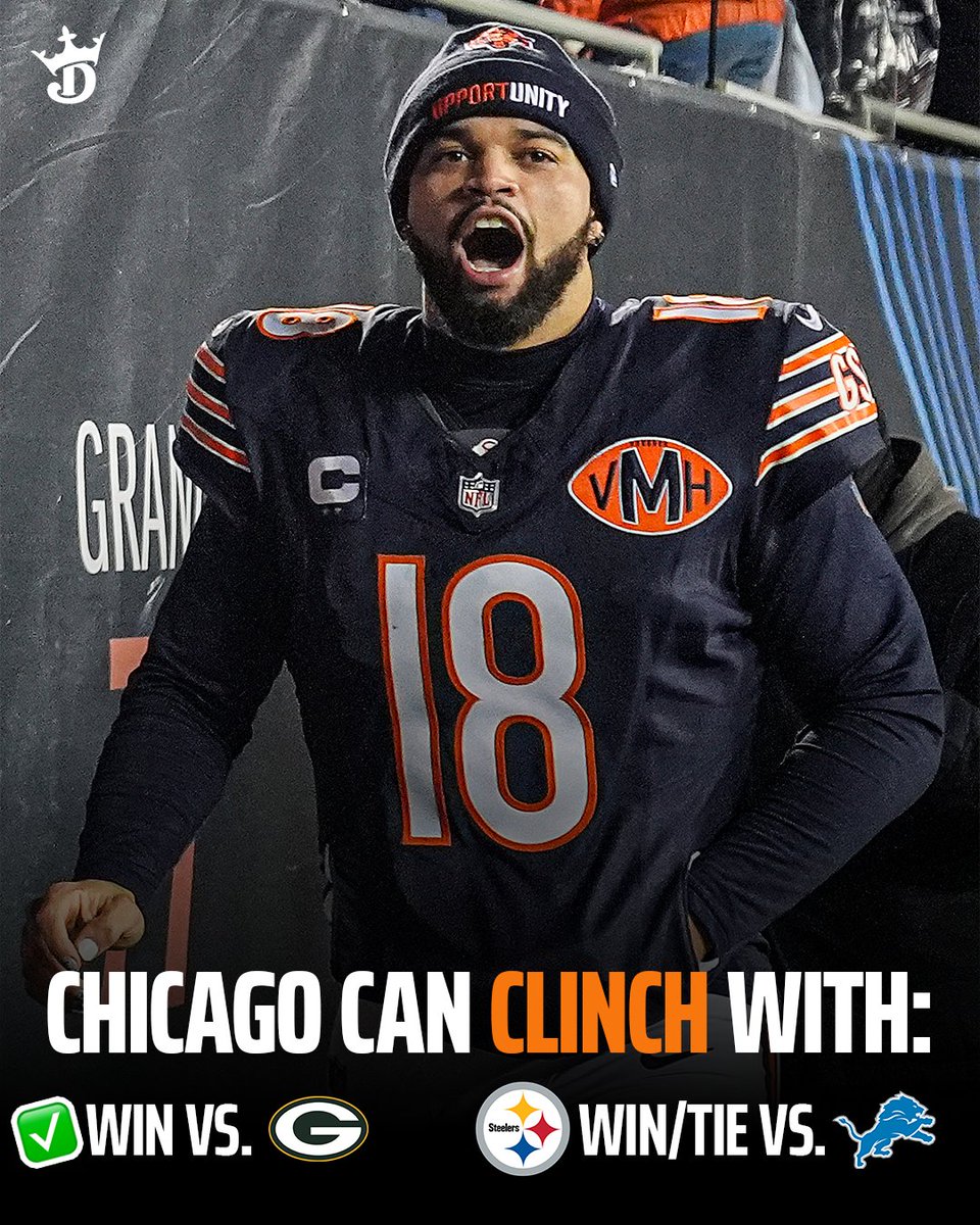 DraftKings's tweet image. All of Chicago is rooting for Aaron Rodgers today 😂

The Bears can clinch a playoff spot if the Steelers beat the Lions 🐻