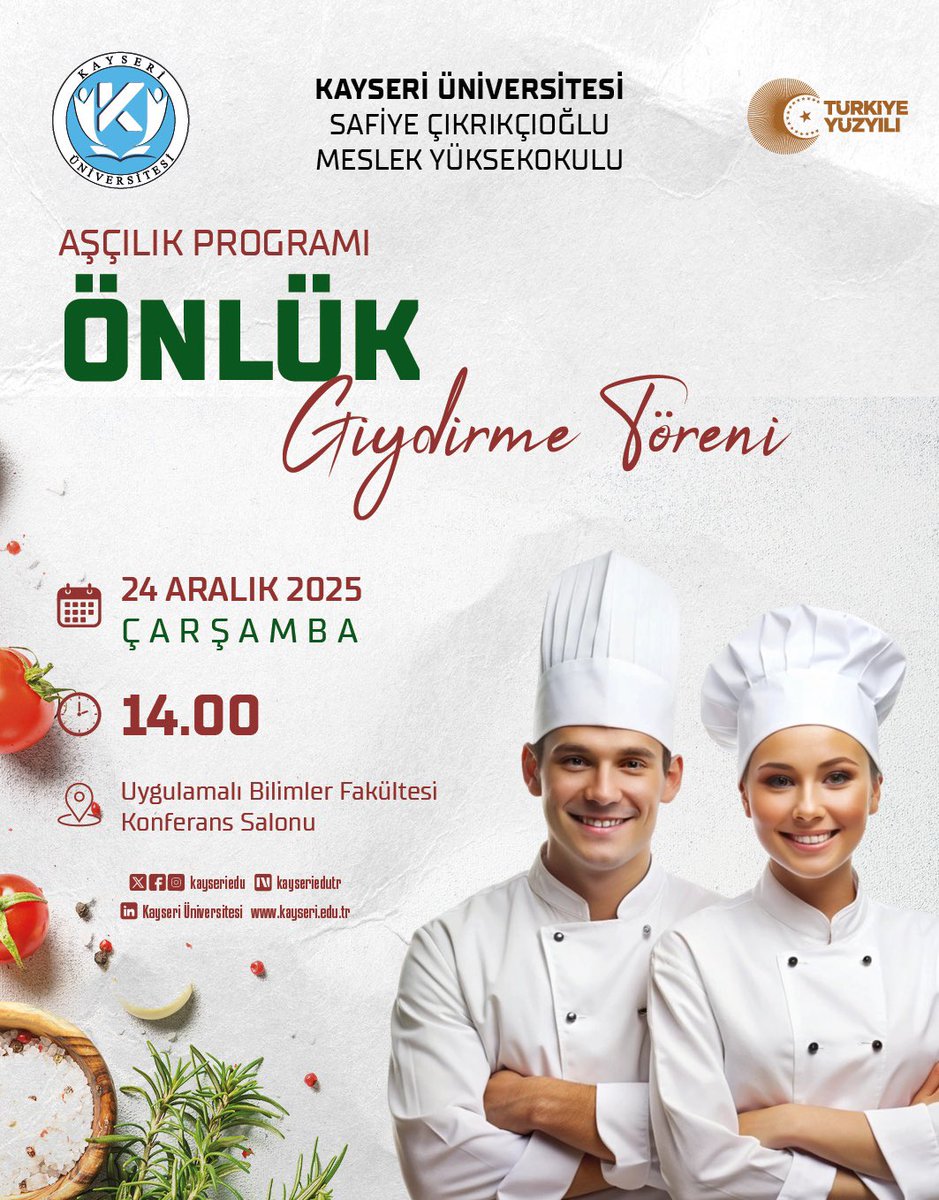Bu yıl ilk öğrencilerimizle eğitim öğretim faaliyetlerine başladığımız Kayseri Üniversitesi UBF Gastronomi ve Mutfak Sanatları Bölümü ile Safiye Çıkrıkçıoğlu MYO Aşçılık Programı “Önlük Giydirme Töreni”ne tüm ilgi duyanları bekleriz.
👨‍🍳👩‍🍳🥼 🧿🔪🍽️