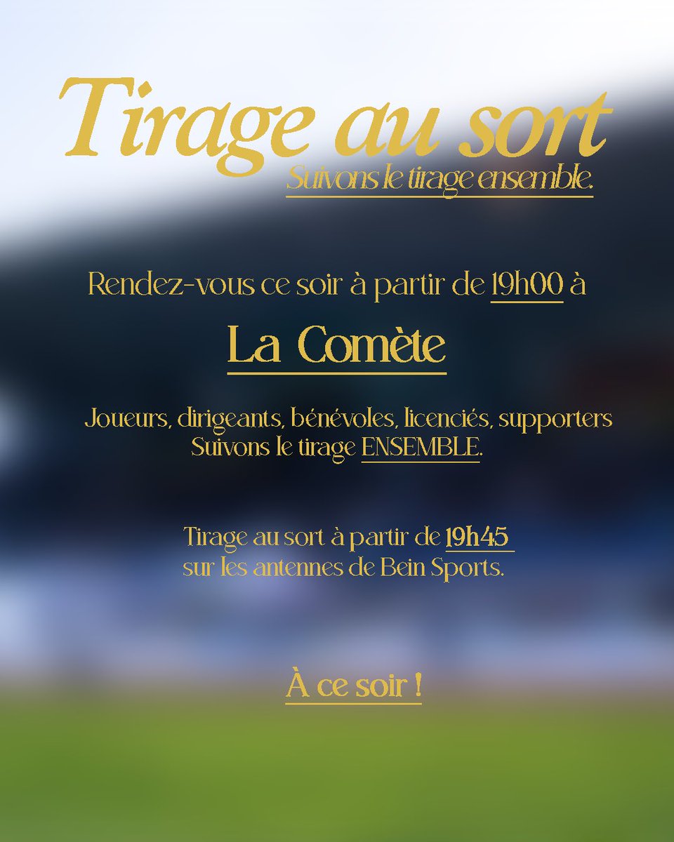 Suivons le tirage ENSEMBLE. 🫶

Rendez-vous ce soir à partir de 19h00 à La Comète, vous êtes TOUS conviés, joueurs, dirigeants, bénévoles, licenciés, supporters. 💙💛

À ce soir ! 🔮

#CoupeDeFrance #AllezBayeux🔵🟡