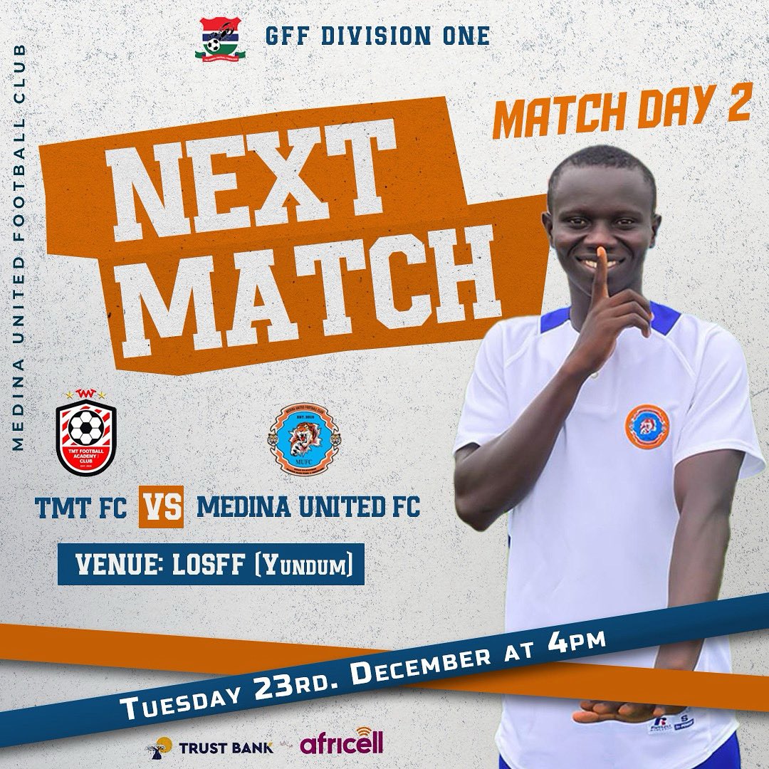 Medina United are set to face off against TMT FC on match day 2 on Tuesday the 23rd, at the Late Ousman Saho Football Field in Old Yundum. After coming from a disappointing defeat in our last game the boys are ready to bounce back and demonstrate their true potential on the pitch
