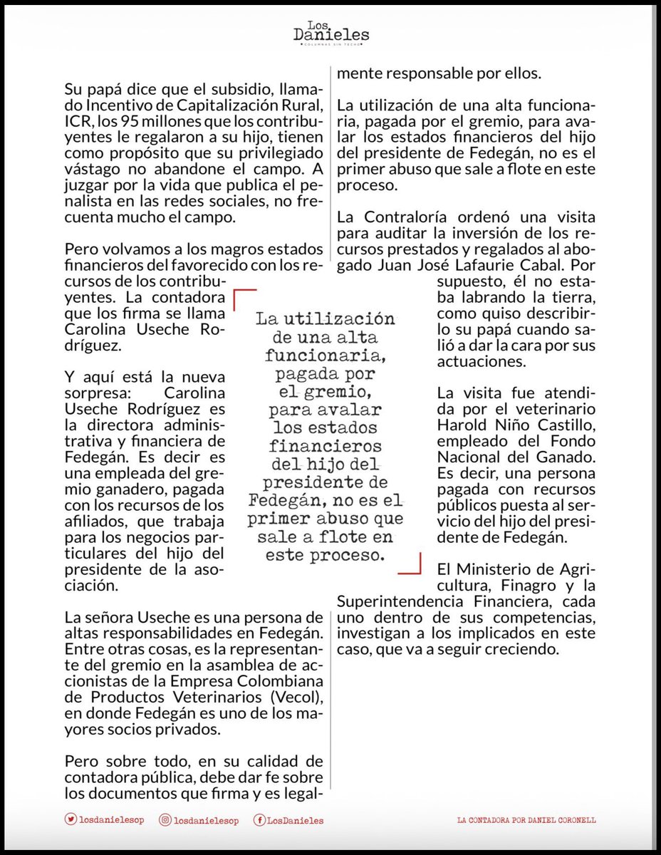 Lo de la familia <a href="/LafaurieCabal/">Juan José Lafaurie</a> es un verdadero entramado “para” legalizar lo que en otros países sería un escándalo y un delito. 
Gran columna de <a href="/DCoronell/">Daniel Coronell</a> con #LaContadora pero creo que no describe un caso, al parecer es un modelo de negocio de familias de la élite ganadera.