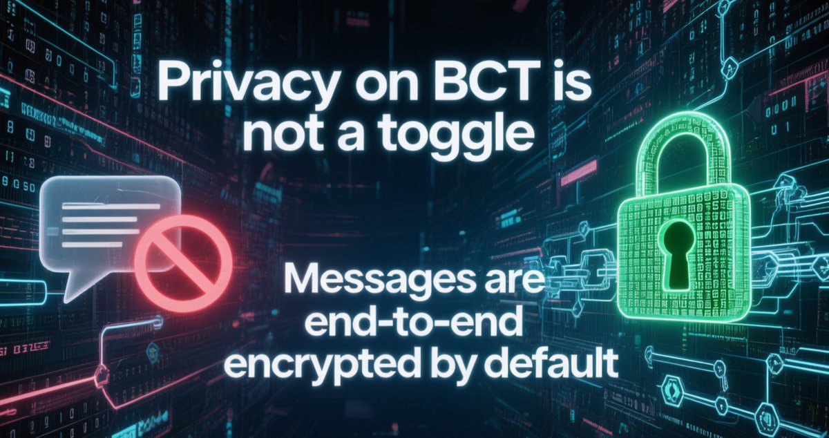 BitChainTalk's tweet photo. Privacy on BCT is not a toggle.

Messages are end-to-end encrypted by default,
keys are user-controlled,
and platforms cannot silently inspect or monetize conversations.
This is non-negotiable infrastructure. https://t.co/uKrg7mdKtZ