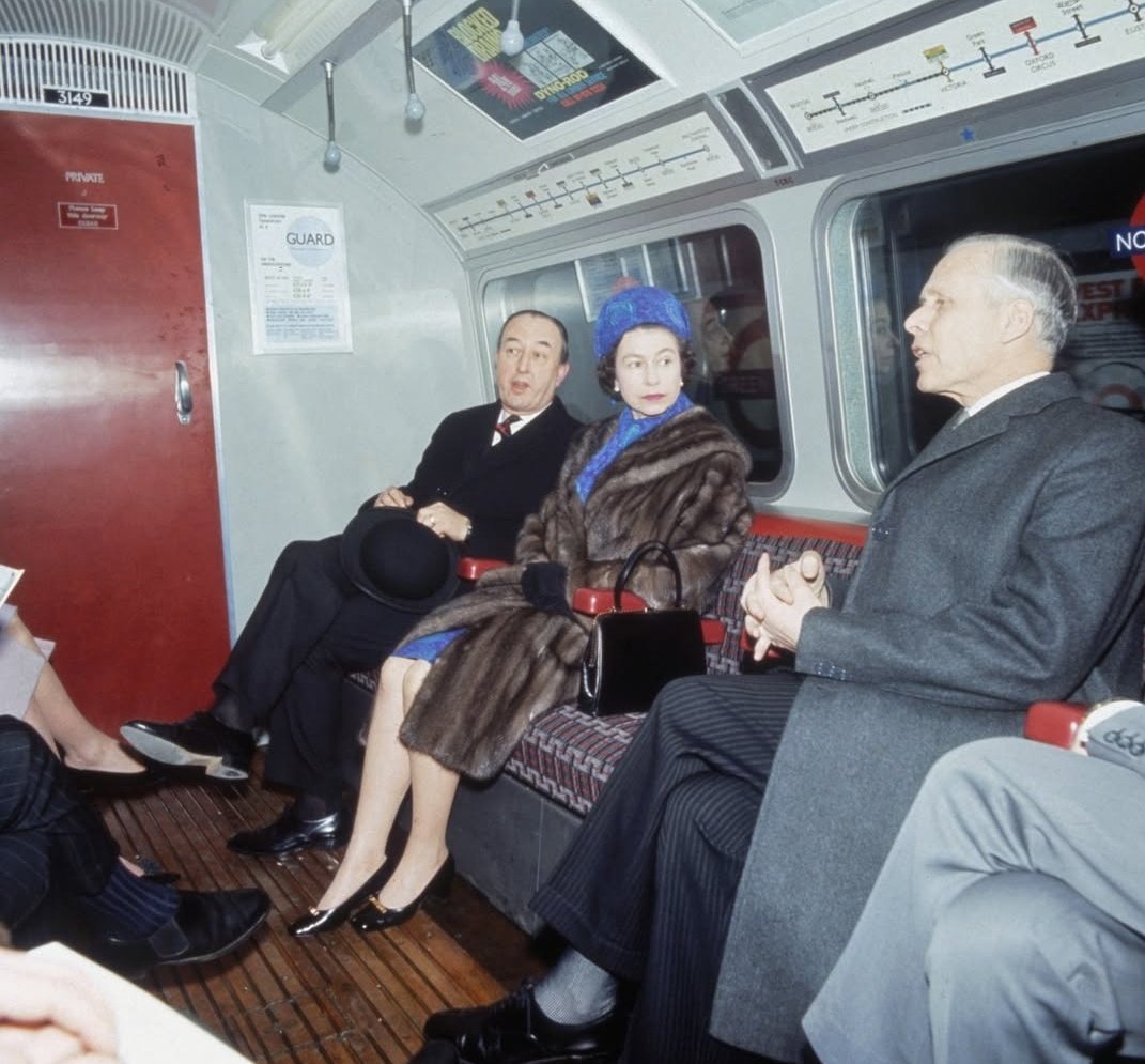 Lost___London's tweet image. Queen Elizabeth II was the first monarch to use the #London underground. Here she is on the Victoria line, which was named after her great-great grandmother on its opening ceremony on the 7th of March, 1969.