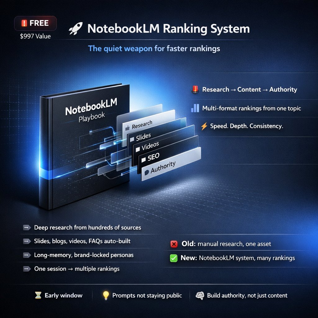 🚨 FREE NotebookLM Ranking System + Prompts Worth $997

This is the quiet weapon people are using to rank faster.

NotebookLM is no longer a notes tool.

It’s a research + content + authority engine.

Google just supercharged it and most creators haven’t adjusted yet.

What This