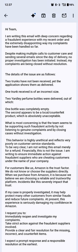 frasat007's tweet image. I’ve been trying for weeks to raise a fraud complaint on Amazon, but the cases are closed without any investigation.This is very concerning. 
 @AmazonHelp @amazonIN @amazon @JeffBezos
@AmitAgarwal
#amazonfraud #ScamAlert #Fakeamazon #amazonindia #JagoGrahakJago #CustomerService