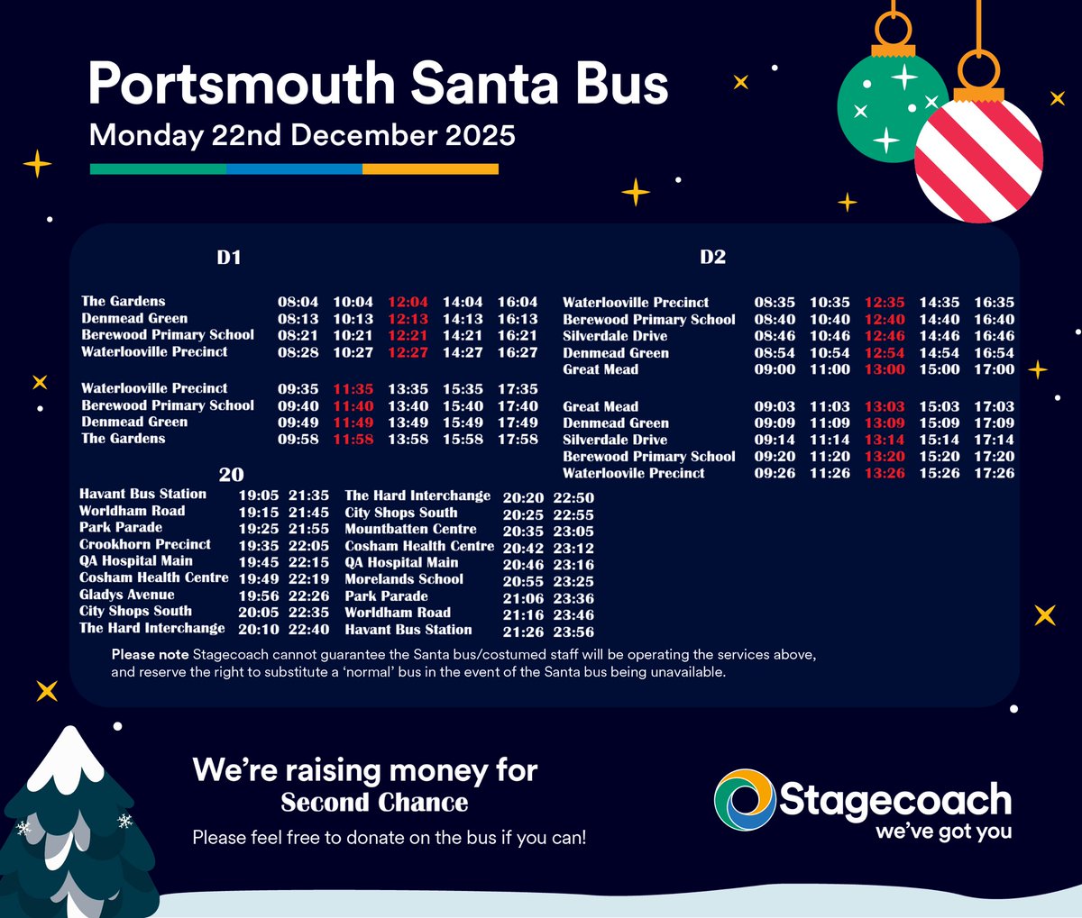 🎵Just hear those sleigh bells jingle-ing, ring-ting-a-tingling too… 🎵 it’s lovely weather for a bus ride together with you on D1 and D2 tomorrow 22nd! With a couple of added trips on the 20 in the evening! 🎅🏻