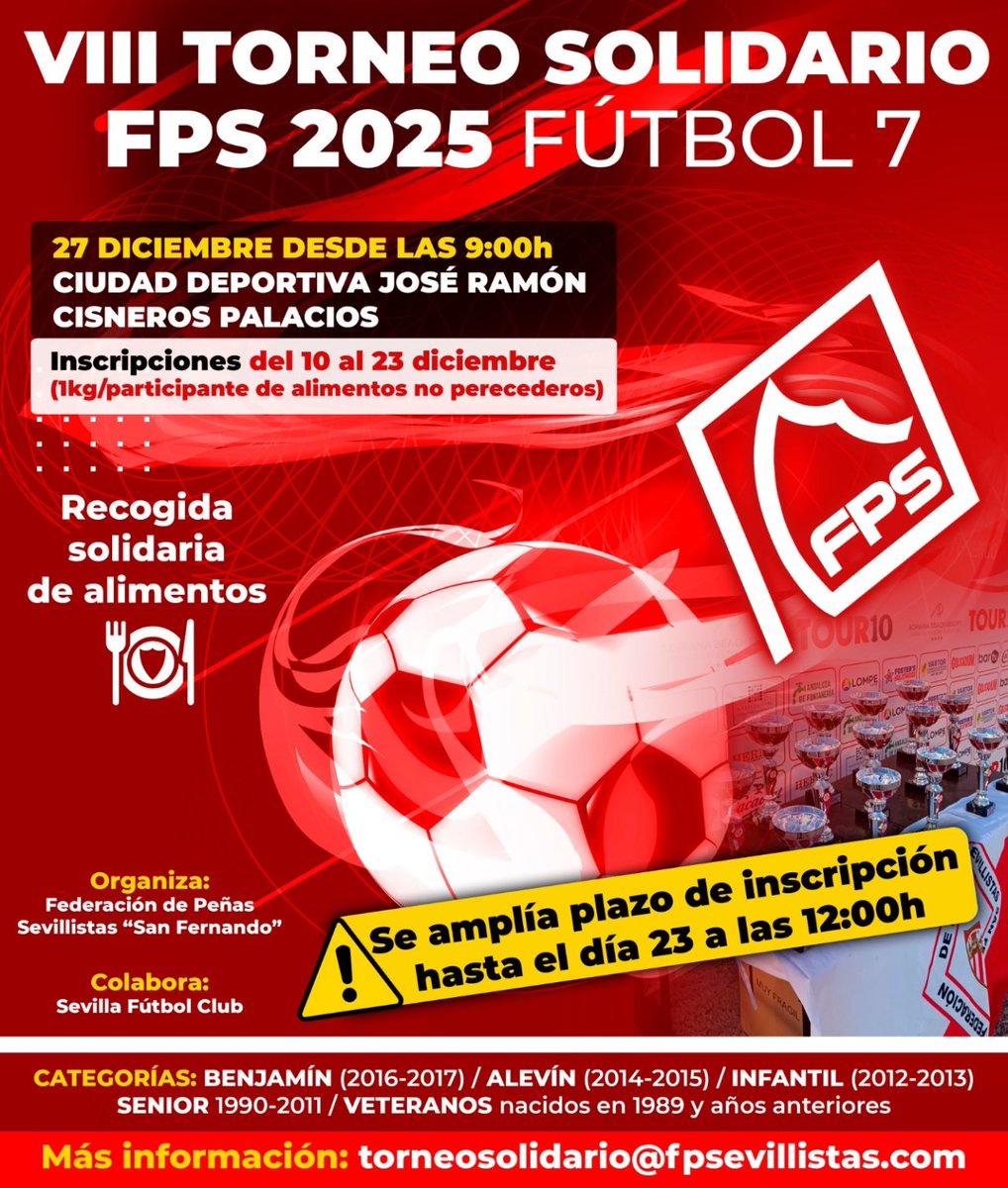 ⚽️| VIII Torneo Solidario de la Federación de Peñas Sevillistas “San Fernando”:

📍Ciudad Deportiva
📅 27 diciembre
⏰ 9:00 h

FORMULARIO DE INSCRIPCIÓN dentro de la noticia ➡️ 

fpsevillistas.com/federacion/vii…