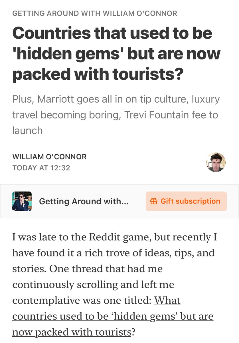 “What I’ve come to value in this era of mass overtourism are three things: depth, experiences, and interaction.”

Read a book on the place. Do something you can only do there (I, like <a href="/williamoconnor5/">William O'Connor</a>, prefer active things). Be with people. 

open.substack.com/pub/gettingaro…