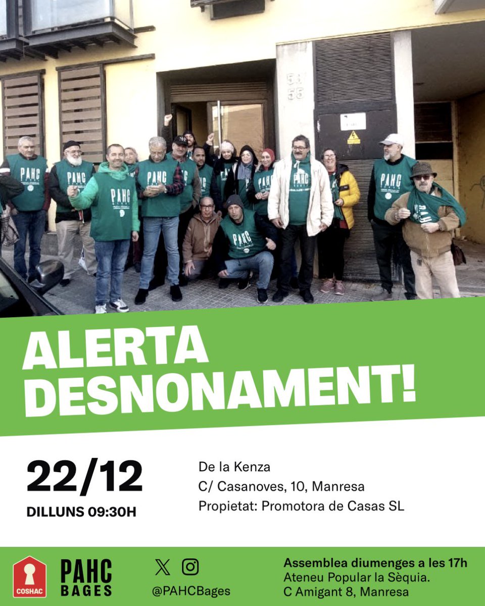 ✊🟢 Demà, dilluns 22 de desembre aturem el desnonament de la Kenza 🕐 9:30h al C/Casanoves, 10, Manresa