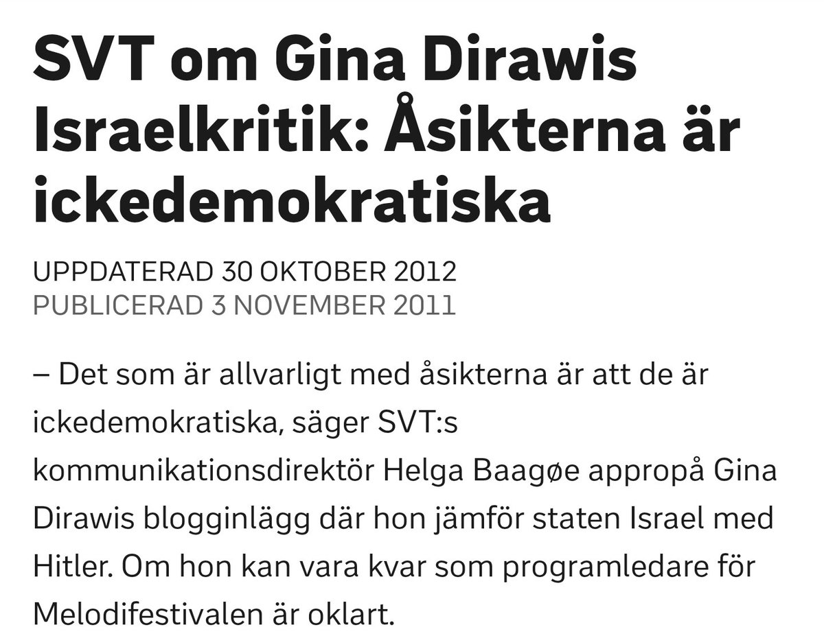 Gina Dirawi ska alltså leda Melodifestivalen, och samtidigt jämför hon Israel med Hitler, trots att alla vet att det är precis tvärtom.
Hela Palestinas befolkning är antisemiter; de vill utrota judar. Den som stödjer Palestina är därför de facto de nya nazisterna.