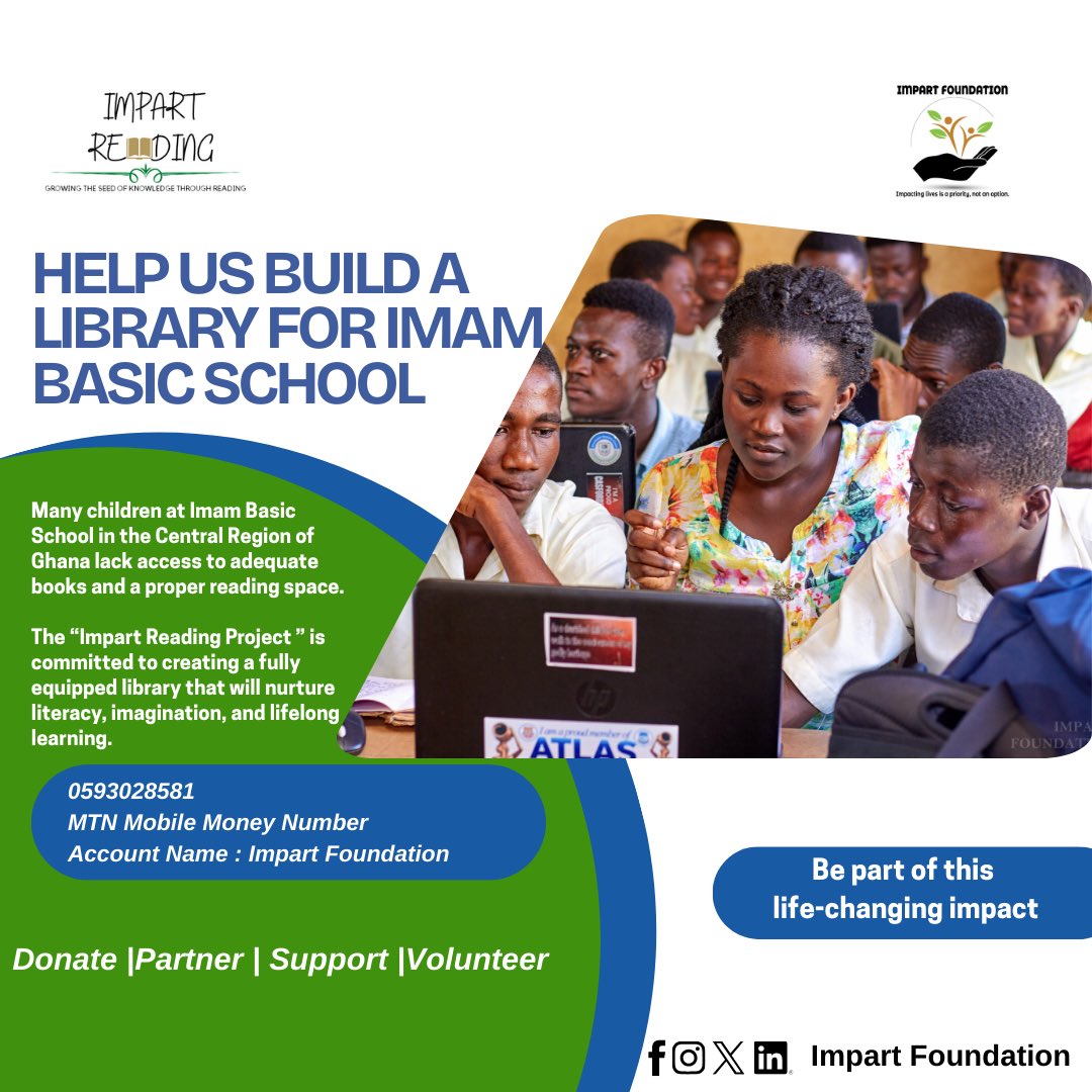impartgh's tweet photo. This festive season, give a child the gift of reading.
Your donation will help complete a library for pupils of Imam Basic School in Ghana’s Central Region.
Together, we can open minds, one book at a time. 
#impartfoundation #impartreading #donation #fundraising https://t.co/3zv0hiZLFi