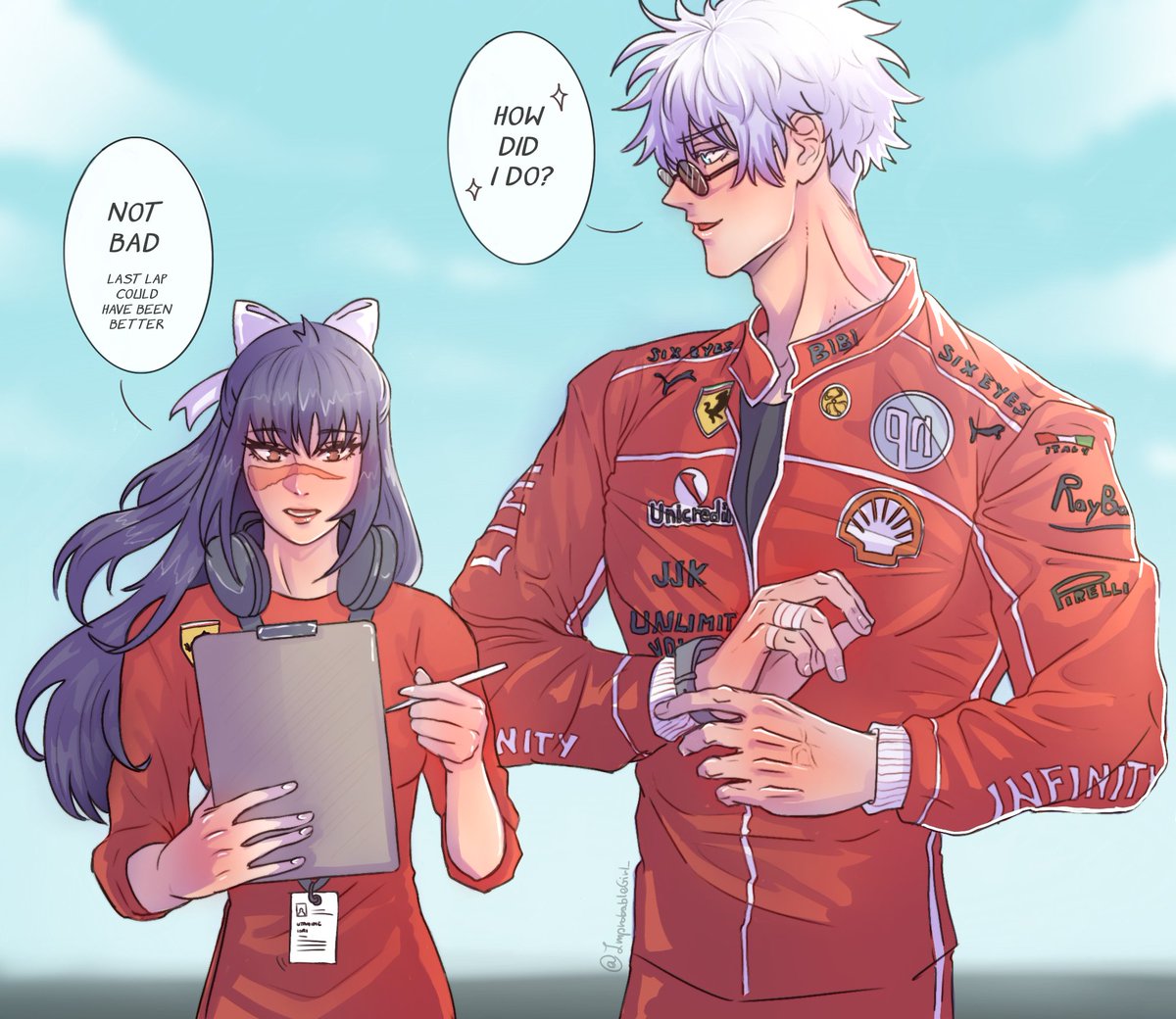 ImprobableGirl_'s tweet image. Gojo Satoru, a former Formula 1 champion with multiple World Cup titles under his belt, rarely listens to anyone save for Utahime Iori, the team technician whose words always manage to hold his attention 
#gojohime #gouta #satohime