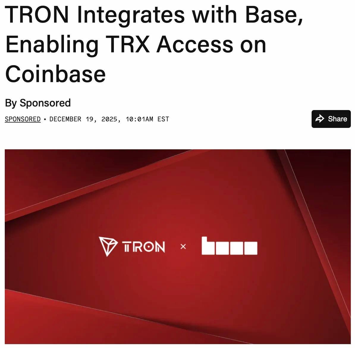 TRON DAO has announced the integration of TRON with Base, an Ethereum Layer 2 network incubated by Coinbase