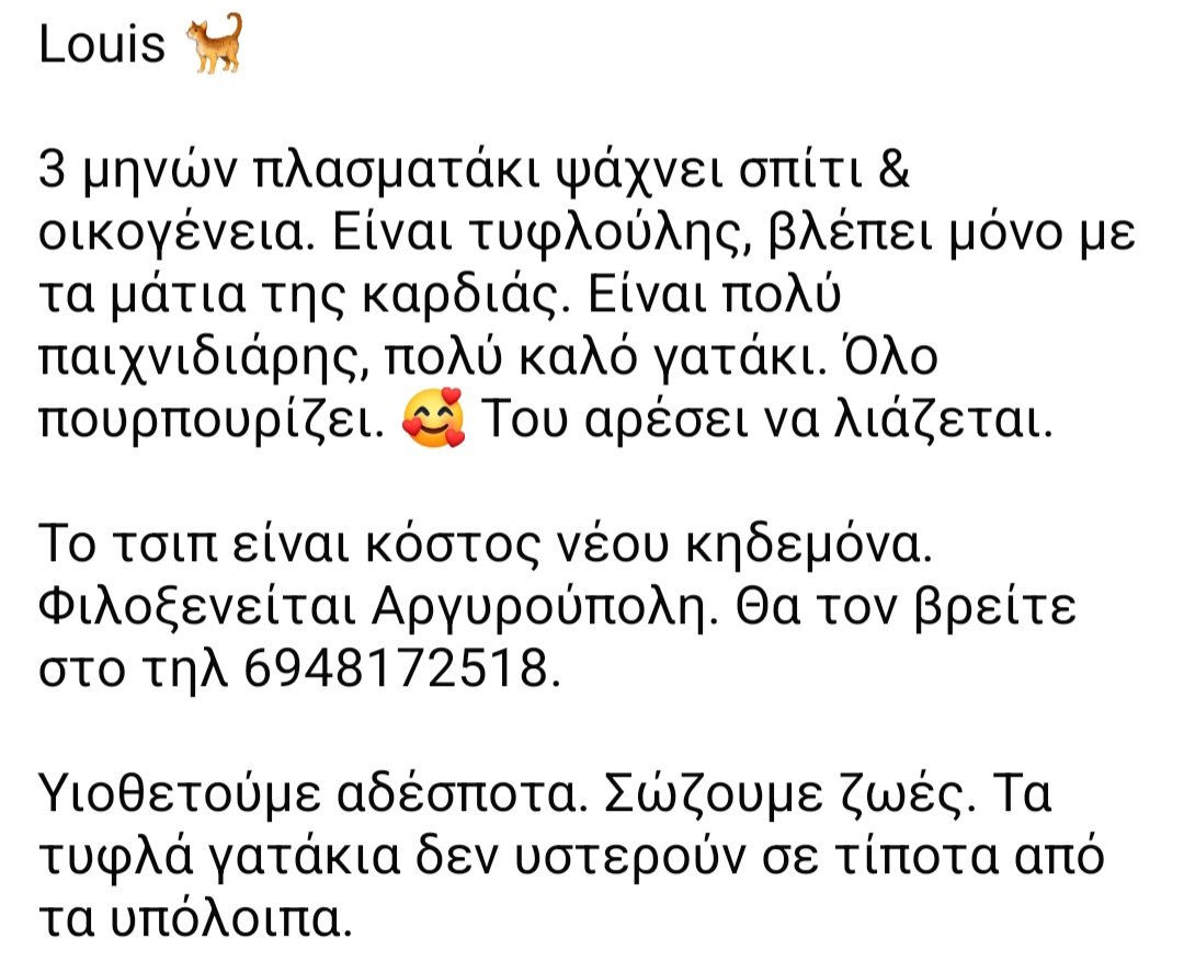 🆘️🆘️🆘️
Louis
3 μηνών πλασματακι ψάχνει οικογένεια 
Είναι τυφλουλης,βλέπει μόνο με τα μάτια της καρδιάς
Πολύ παιχνιδιαρης
Το τσιπ ειναι κόστος του νέου κηδεμόνα 
Φιλοξενείται στην Αργυρούπολη
Για περισσότερες πληροφορίες επικοινωνία με το τηλ
Rt 🙏 🙏 🙏