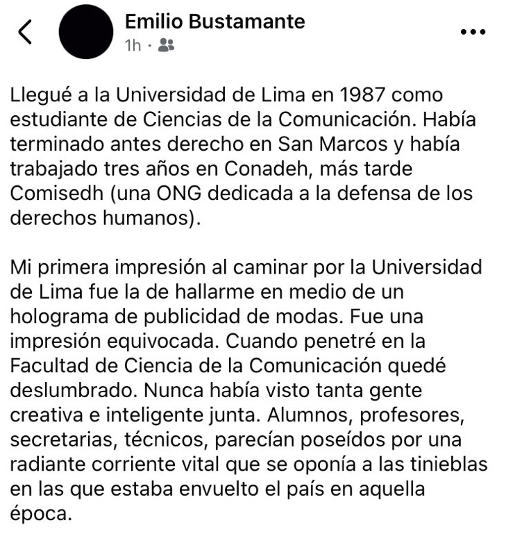 eloymarchan's tweet image. Emilio Bustamante, uno de los mejores profesores que tuve en la Facultad de Comunicación, ha renunciado a la @udelima.
Bustamante, según su mensaje publicado en Facebook, se va por el oscurantismo que ha tomado la universidad.
La U. de Lima hoy está capturada por la ultraderecha.