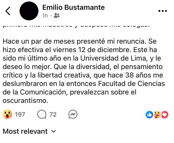 eloymarchan's tweet image. Emilio Bustamante, uno de los mejores profesores que tuve en la Facultad de Comunicación, ha renunciado a la @udelima.
Bustamante, según su mensaje publicado en Facebook, se va por el oscurantismo que ha tomado la universidad.
La U. de Lima hoy está capturada por la ultraderecha.
