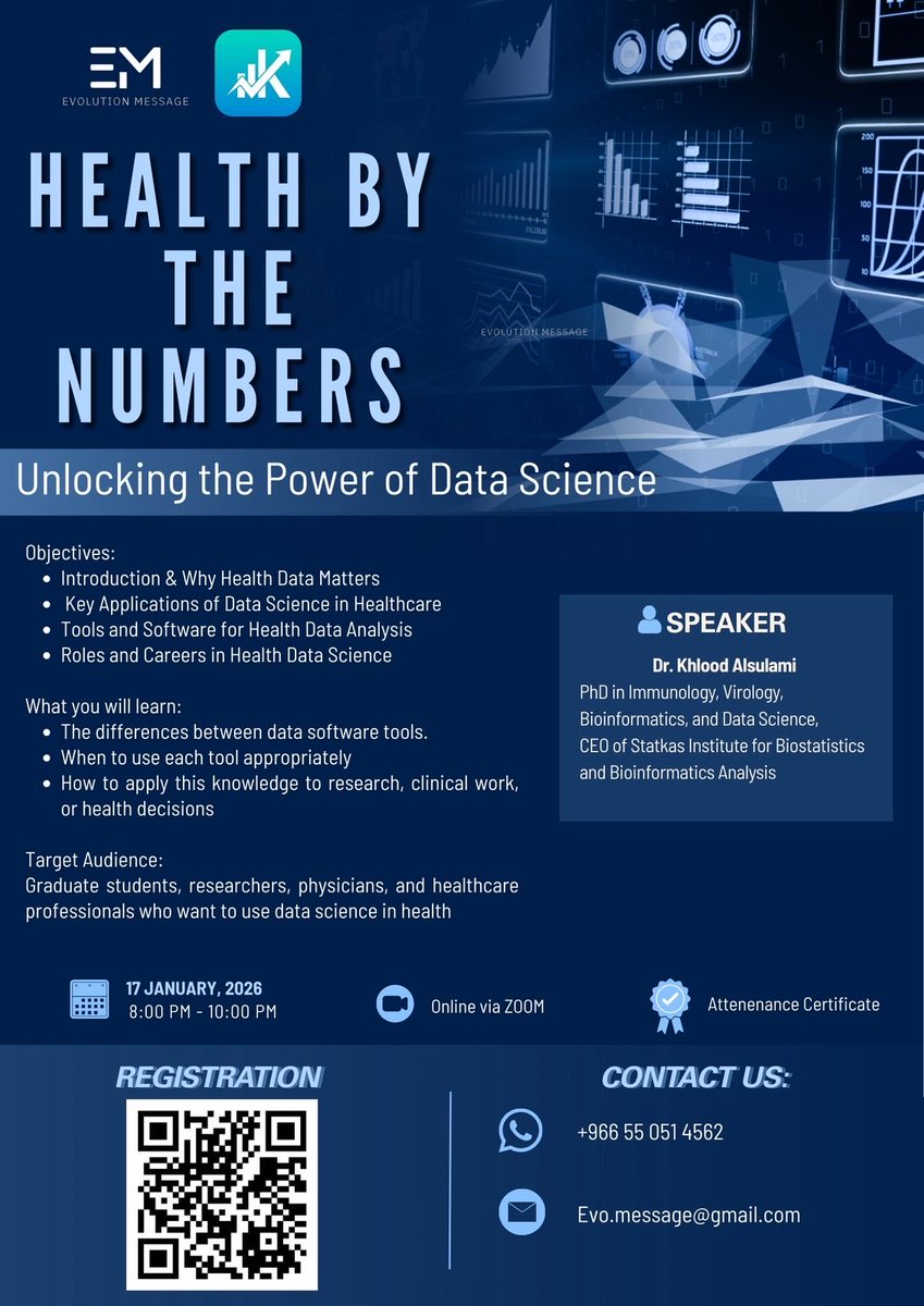 We’re excited to announce our upcoming virtual session in collaboration with StatKAS 📊
“Health by the Numbers: Unlocking the Power of Data Science”

Discover how data science bridges clinical expertise and healthcare decision-making

📅 Jan 17, 2026 | ⏰ 8–10PM (KSA)
💻 Online