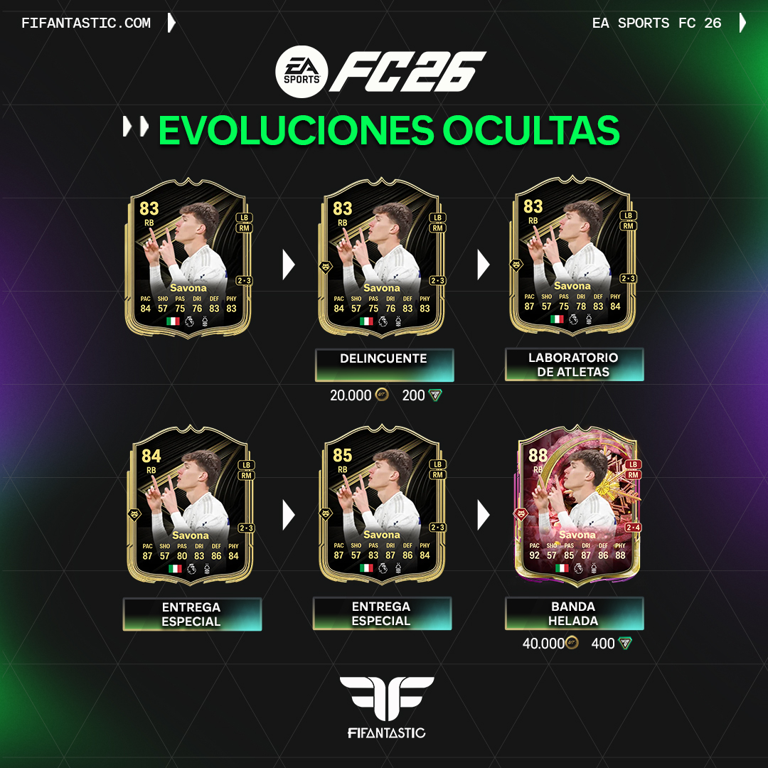 Si queréis exprimir la nueva Evolución “Banda helada”, esta ruta es 🔝

Combinando varias EVO podéis convertir a Savona en un lateral muy completo, original y de primer nivel 💎

Una EVO distinta que merece mucho la pena aprovechar ahora en #FC26👀🔥
