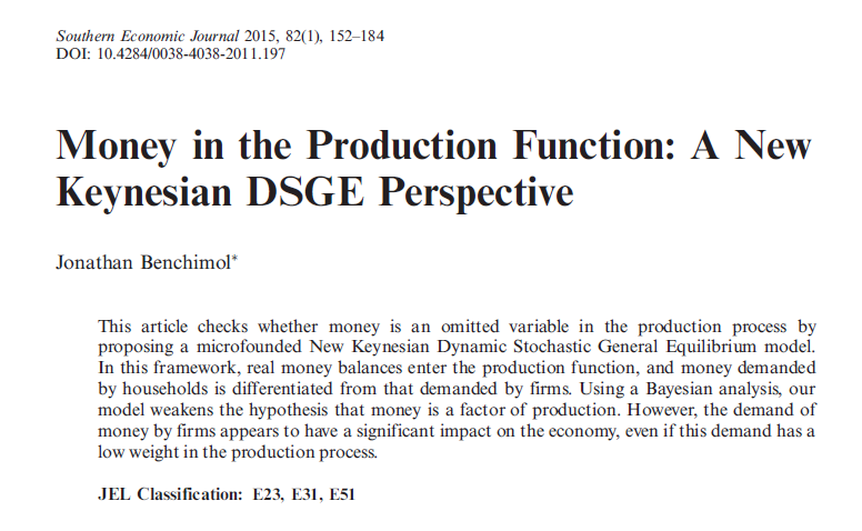 A decade ago, I split household vs firm money in a NK-DSGE with money-in-production: money’s output elasticity is tiny, yet firm money-demand shocks still matter.

This 2nd chapter of my PhD dissertation got +50 citations and provided a new perspective 😊
doi.org/10.4284/0038-4…