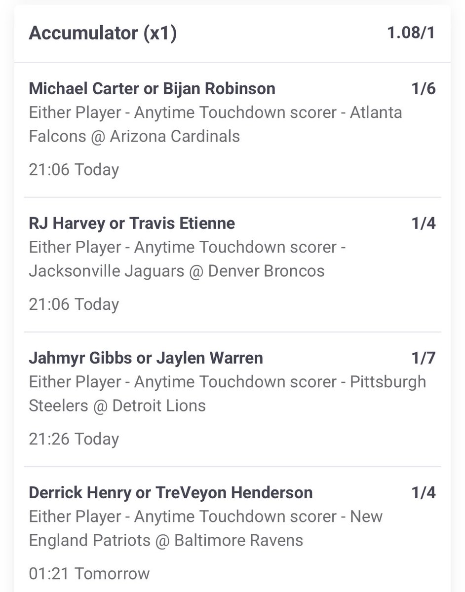 sportsvalueacca's tweet photo. 🏈NFL Late Window RBs TD Parlay

Couple of games in the late window today, we should get some RB Touchdowns!!🧱

Picks: Carter or Robinson, Harvey or Etienne, Gibbs or Warren, Henry or Henderson

Odds: +108 https://t.co/VzAfAdUFKG
