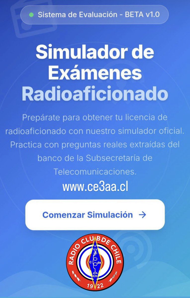 SCe3aa's tweet photo. Radio Club de Chile, CE3AA pone a disposición de toda la comunidad la nueva versión del simulador de examen para la preparación y obtención de la licencia de radioaficionados 🇨🇱 

Toda la información en https://t.co/6AhGtJKOl8 https://t.co/EuRadfjDxJ