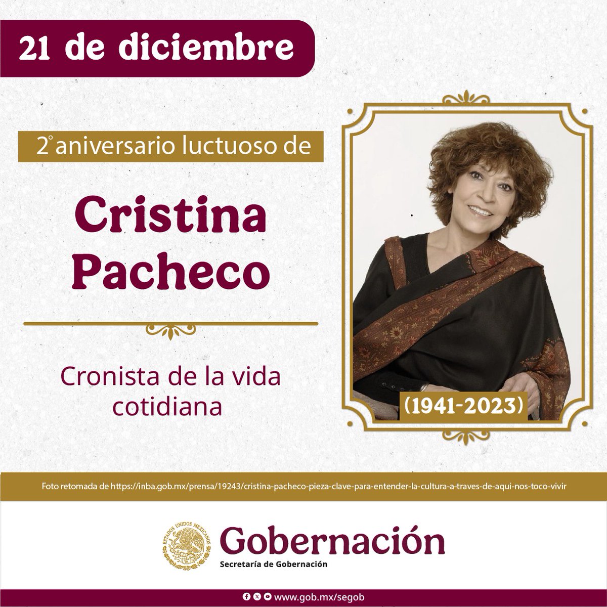 EFEMERIDESMX's tweet photo. 📅 #UnDíaComoHoy de 2023 murió Cristina Pacheco, periodista y conductora que retrató como nadie la vida cotidiana de las y los mexicanos.
A través de programas como “Aquí nos tocó vivir”, dejó un testimonio invaluable sobre nuestras historias, oficios y tradiciones populares 🕊️🇲🇽 https://t.co/IpLgMA6Tiw