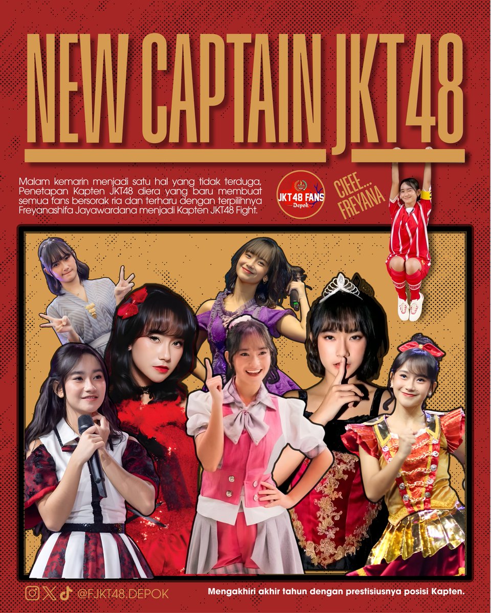 fjkt48depok's tweet photo. The end of "New Era" &amp; the start of "Fight" !

Resmi diumumkan pada konser kelulusan Gracia semalam, posisi Kapten JKT48 kini dipercayakan kepada Freyanashifa Jayawardana (Gen 7).

Selamat bertugas Kapten Freya!
Kami selalu mendukungmu...!!! 🚀✨

#JKT48 #FreyaJKT48 #KaptenFreya https://t.co/xwDrBsoZoX
