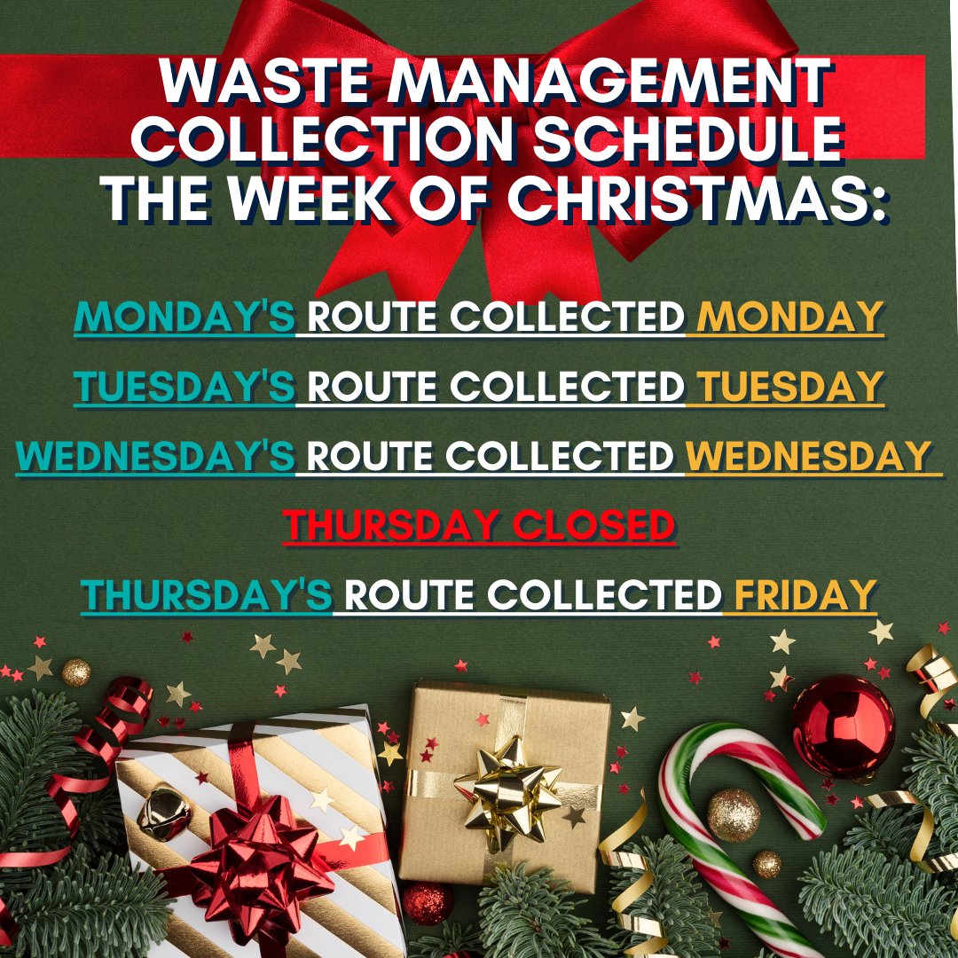 The Town of Mount Pleasant offices will be closed December 25th and December 26th for the Christmas Holiday. 

The garbage and trash collections for this week will be as follows: