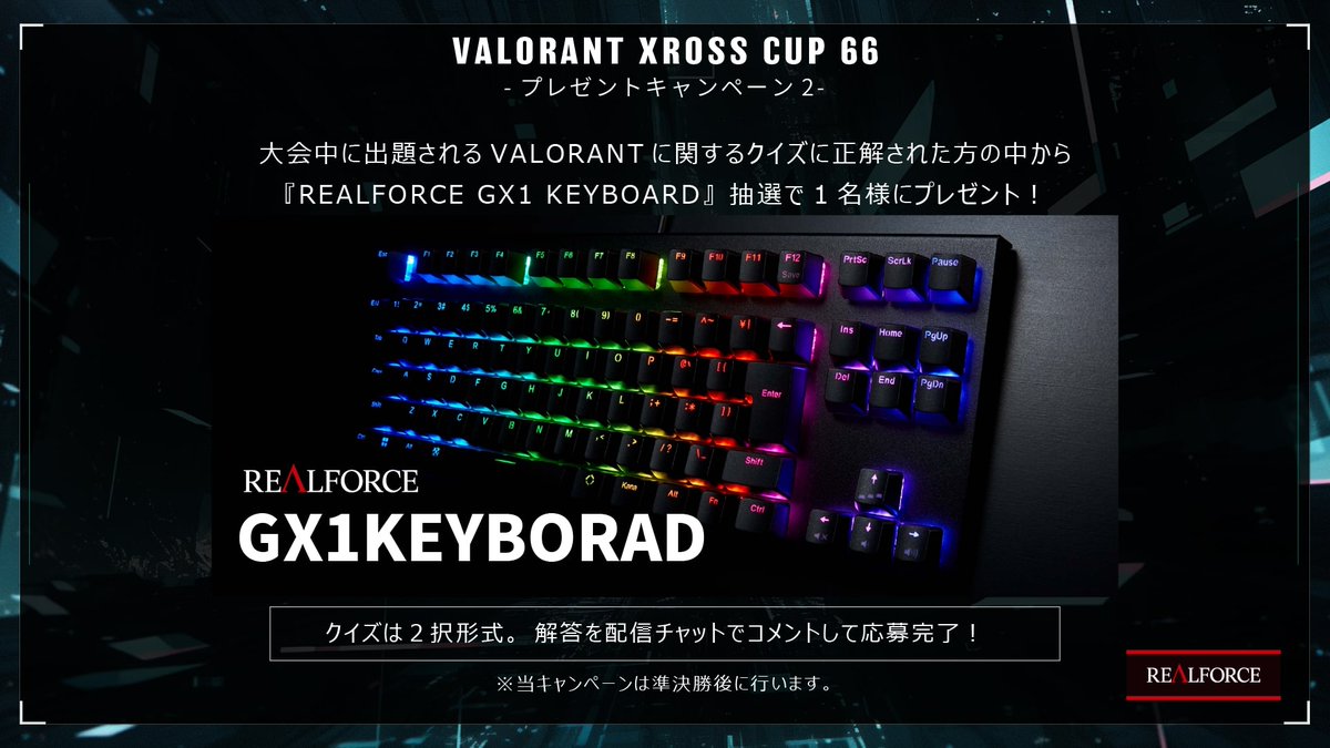 XDivisionGame's tweet image. #VALORANT #XrossCup 66🏆

今大会も『東プレ株式会社』様より、『REALFORCE GX1 KEYBOARD』を賞品提供いただきました📣

今大会もプレゼントキャンペーン企画で『REALFORCE GX1 KEYBOARD』を1名様にプレゼント❗

⚫️商品ページ
realforce.co.jp/products/serie…

#XDIVISION